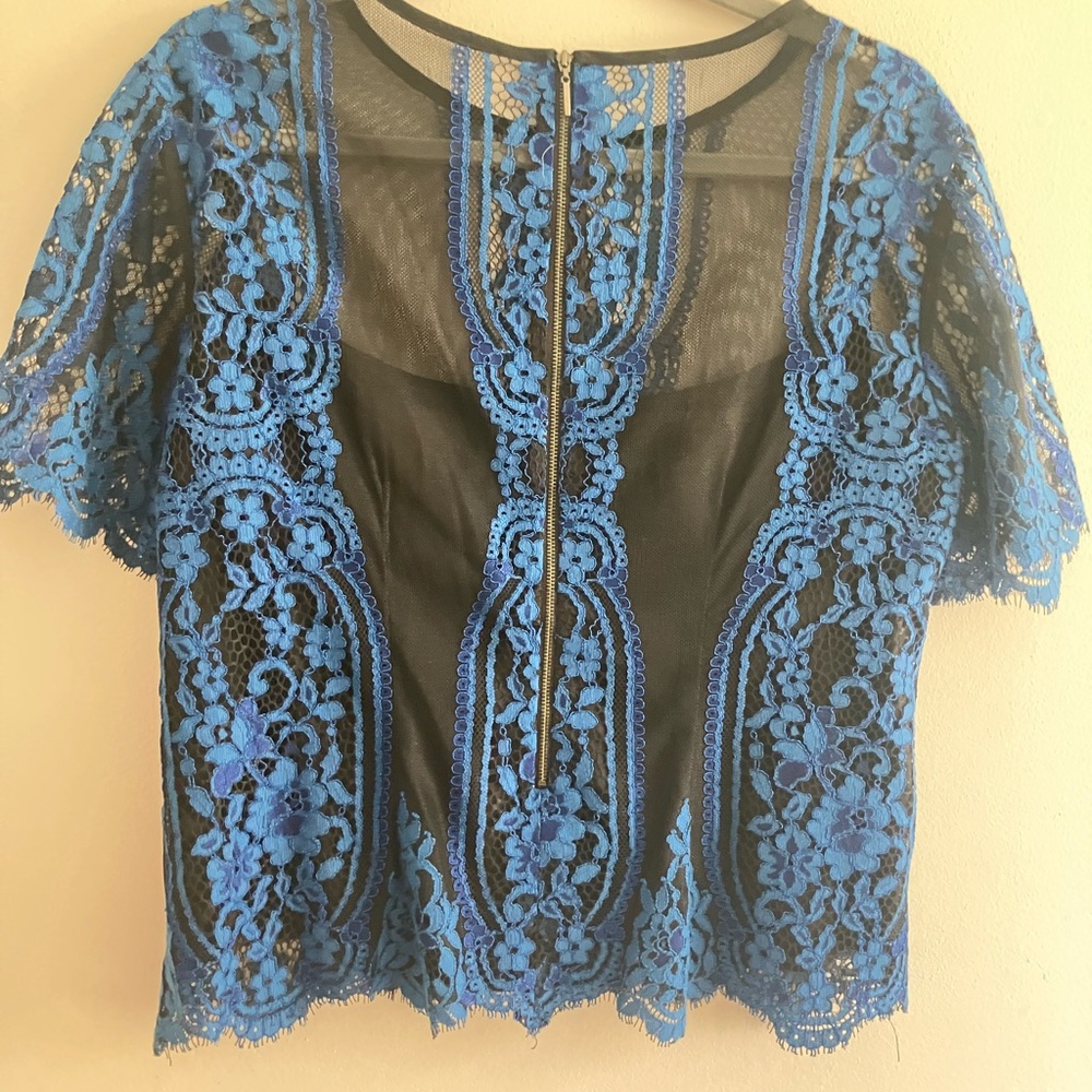Blue Lace Overlay Women's Top - Picture 3 of 3